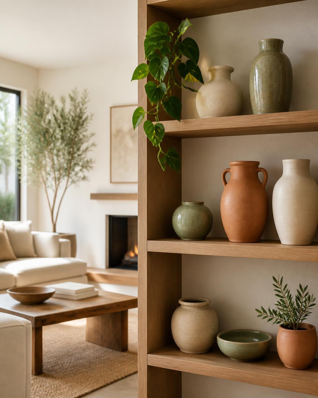 A bright, naturally lit living room with ceramic vases arranged on wooden shelves