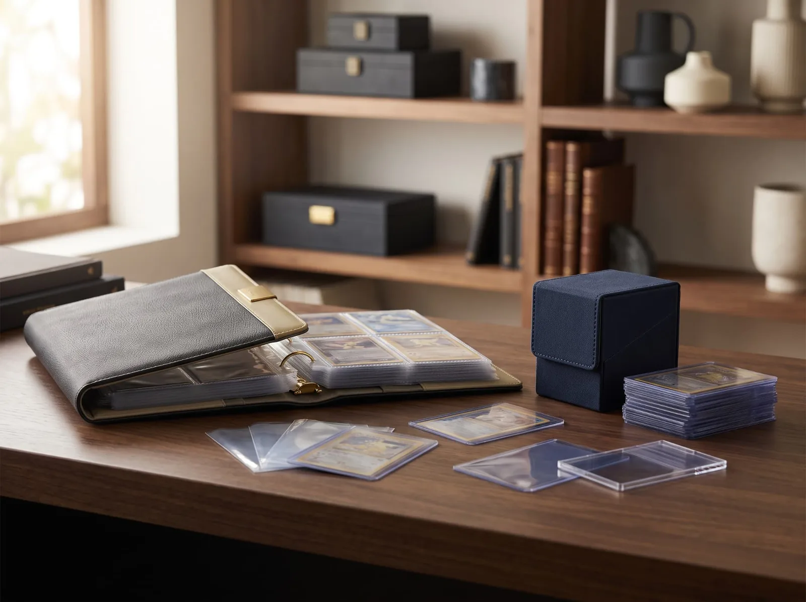 Open card binder with card sleeves, toploaders and a navy deck box on a walnut desk.