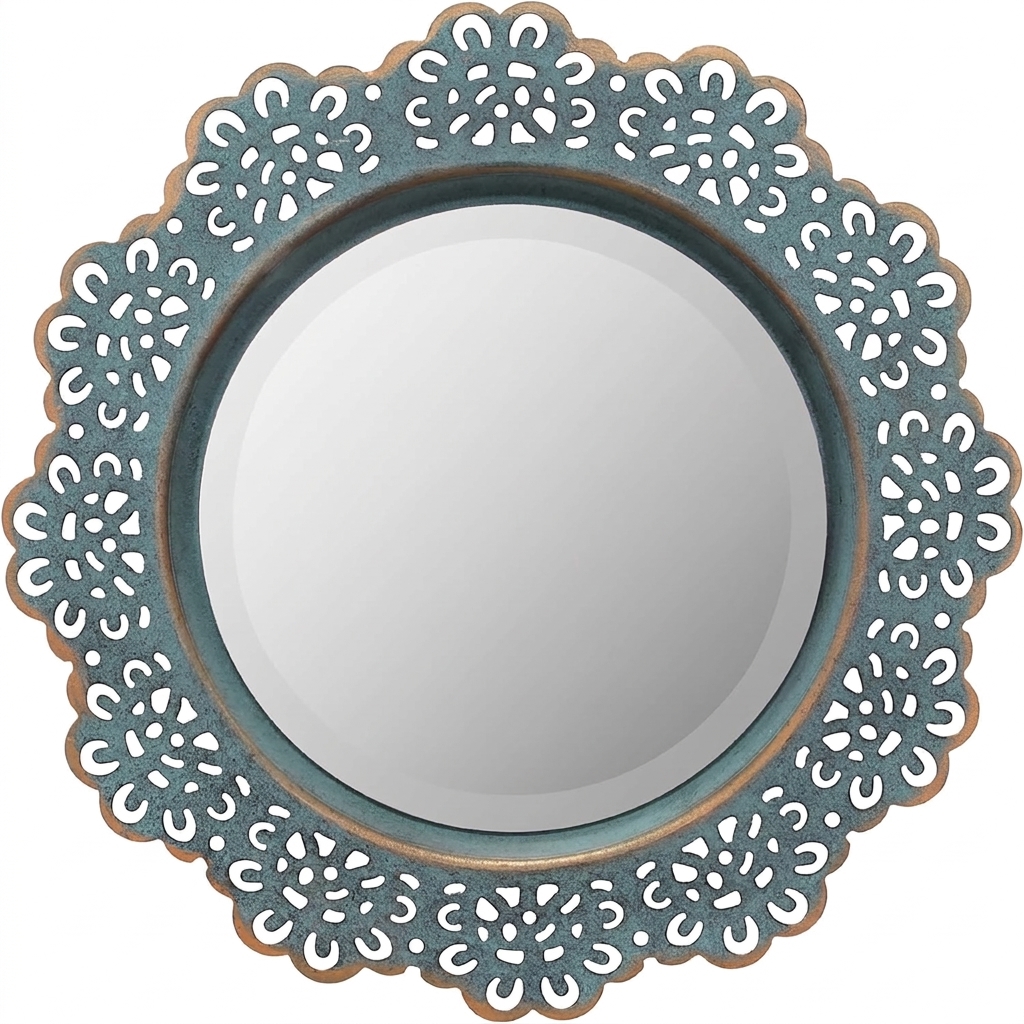 Stonebriar round metal lace wall mirror in turquoise, 12.5 inch