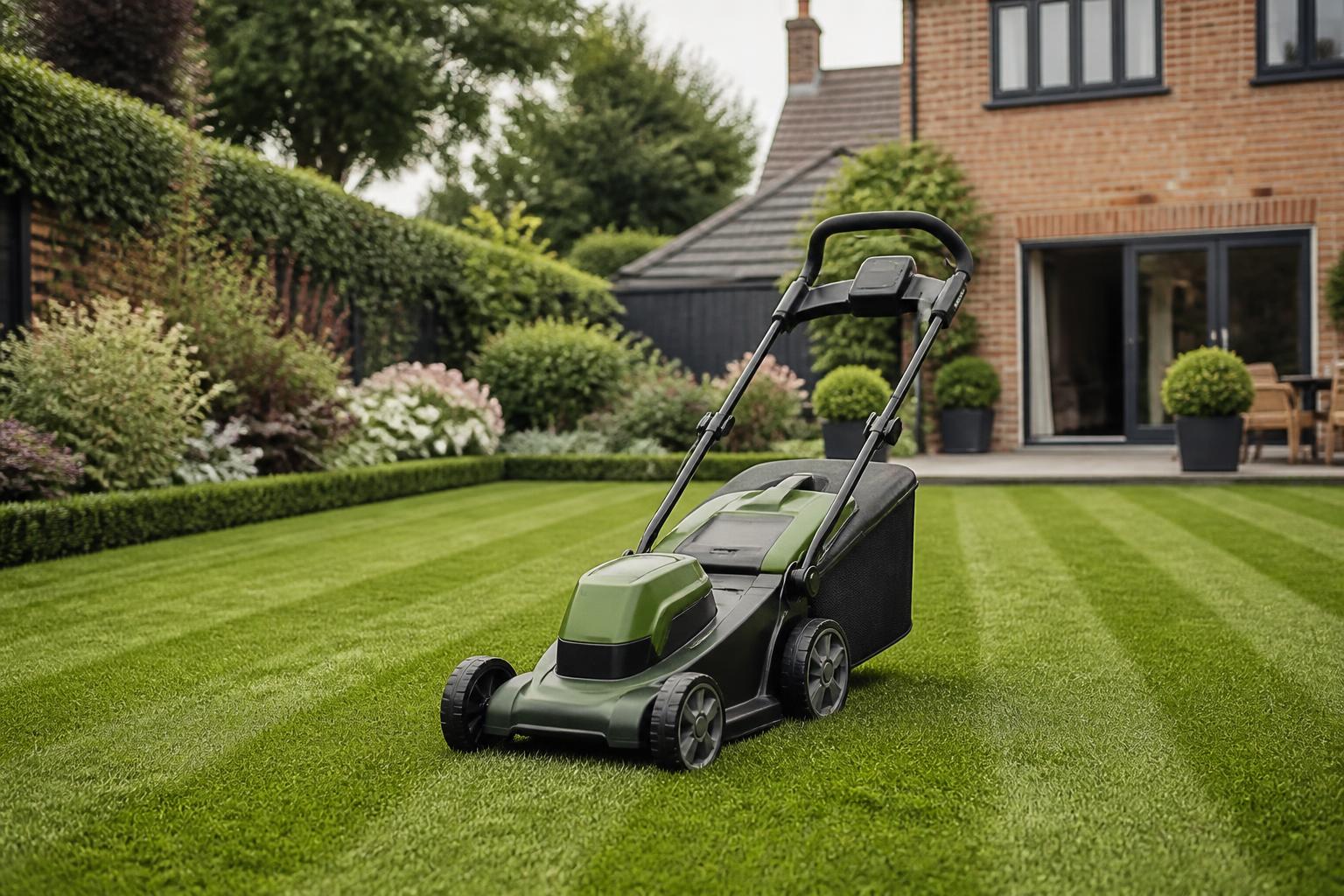 Cordless lawnmower on a freshly striped lawn in a British back garden.