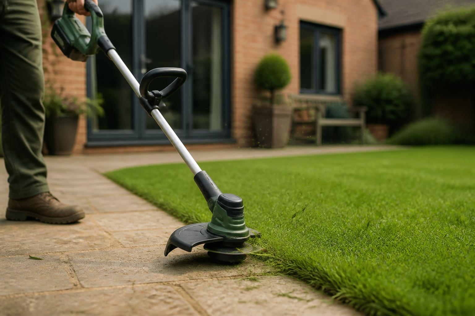 Cordless grass trimmer edging a lawn along a stone path in a UK garden.