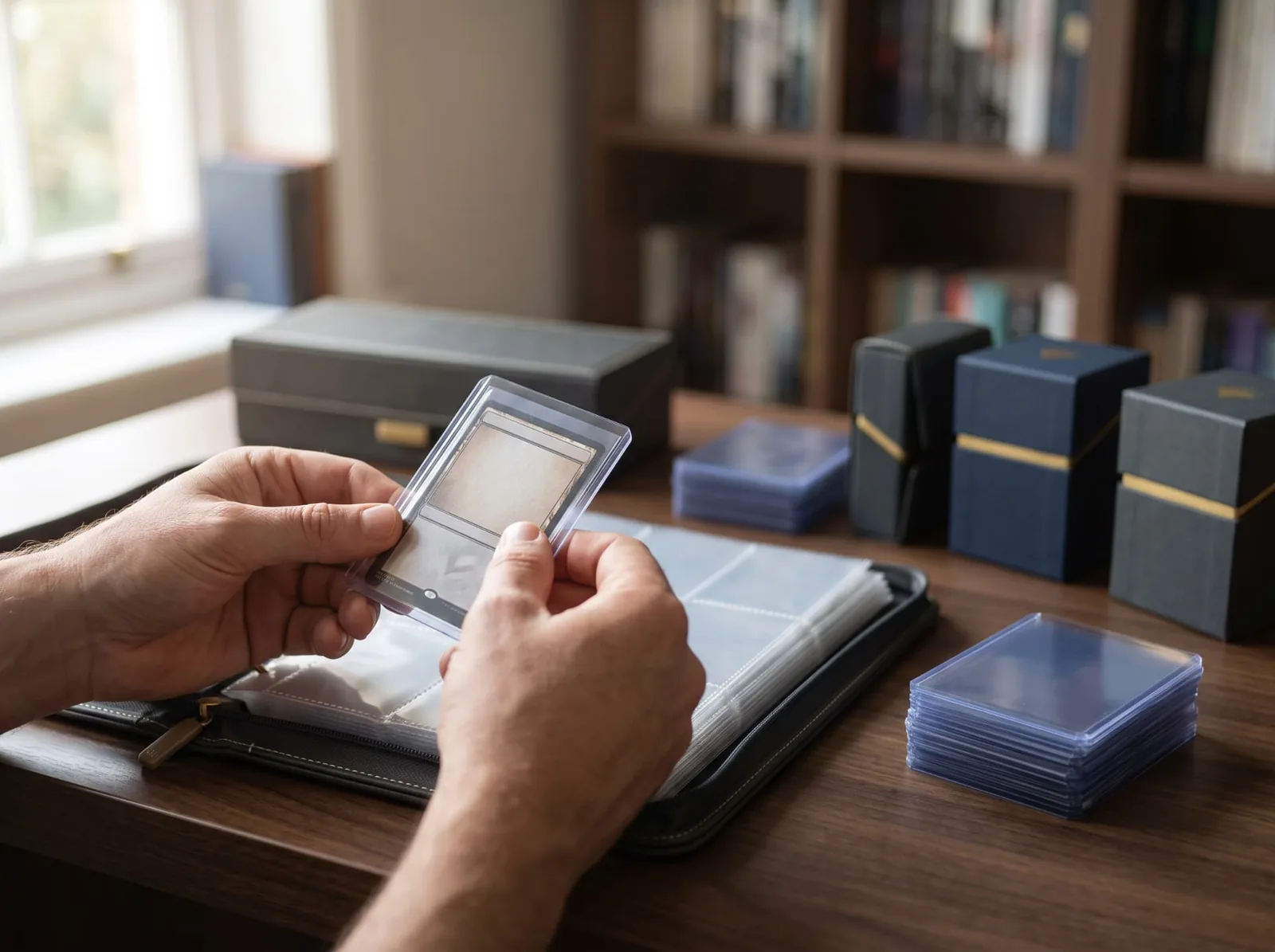 Collector sliding a trading card into a clear protective toploader above an open storage binder
