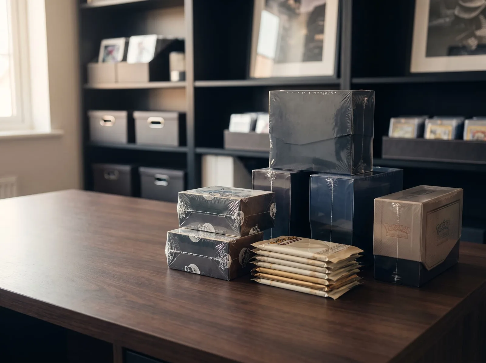 Factory-sealed Pokémon booster boxes and packs stacked on a dark wooden collector's table.
