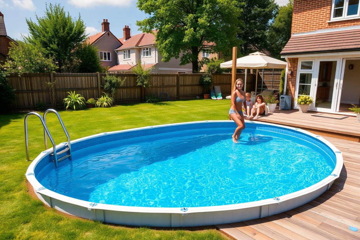 Above-ground family swimming pool set up on a lawn in a British back garden.