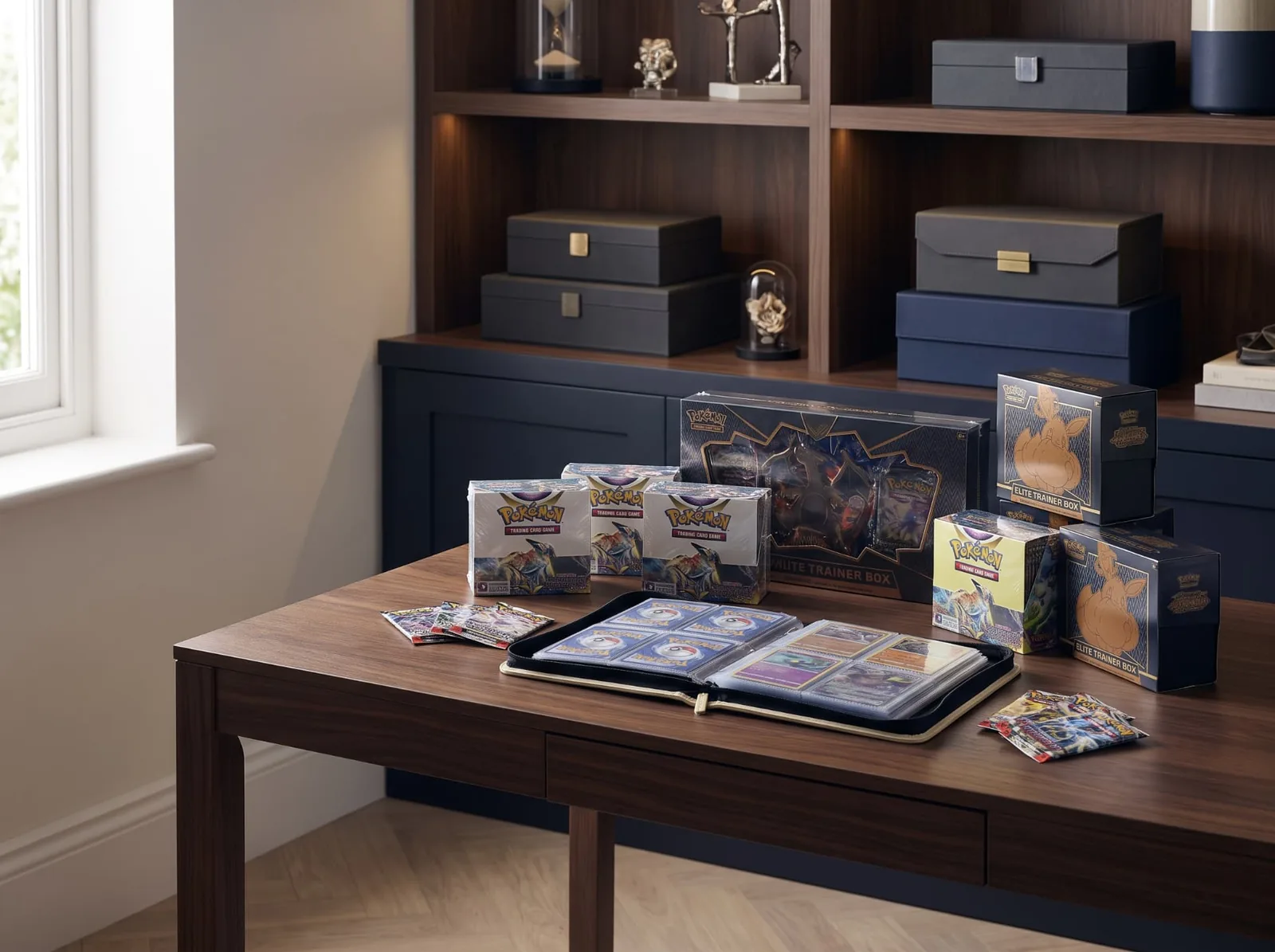 Sealed Pokémon Trading Card Game elite trainer boxes, booster boxes and packs beside an open card binder